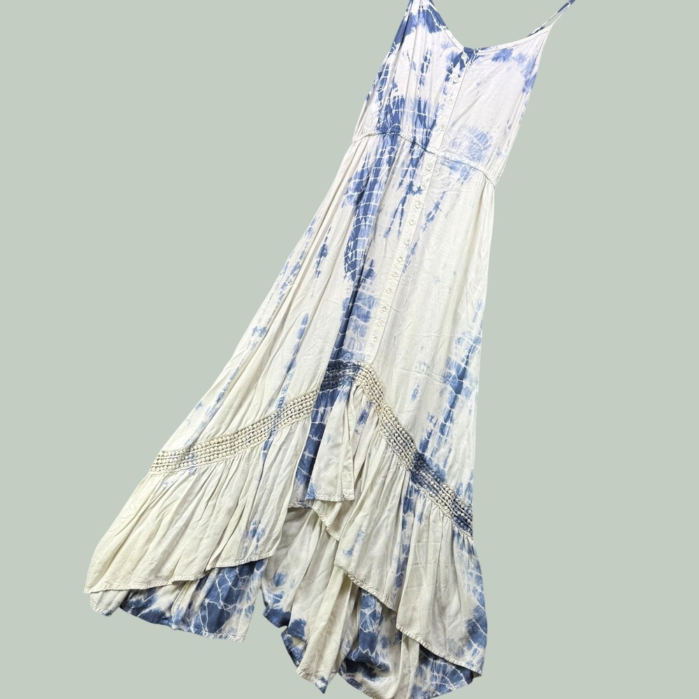 Paani Maxi Dress Woman L Blue Tie Dye Crochet Lace High Low Boho Summer Festival